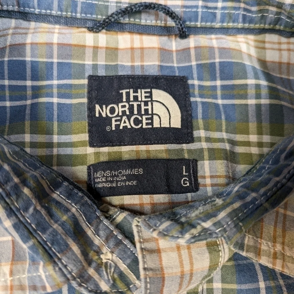 The North Face Shirt Men's Large Green Blue Plaid Button Up Short Sleeve Light